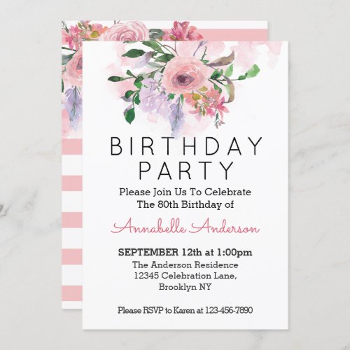 80th Birthday Blush Pink Rose Floral Watercolor Invitation