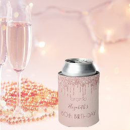 80th birthday blush rose gold glitter drips name can cooler