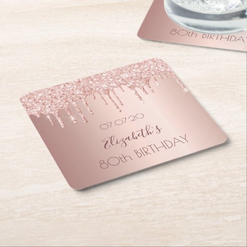 80th birthday blush rose gold glitter drips name square paper coaster