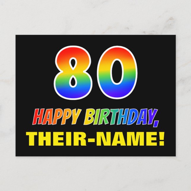 80th Birthday: Bold, Fun, Simple, Rainbow 80 Postcard (Front)
