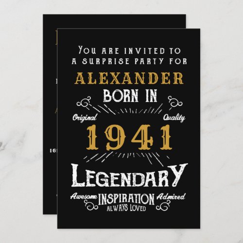 80th Birthday Born 1941 Black Gold Retro Vintage Invitation