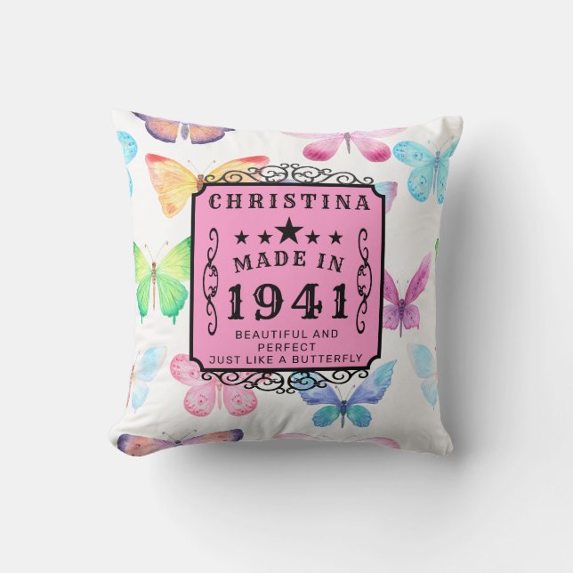 80th Birthday Born 1941 Butterfly Add Your Name Throw Pillow (Front)