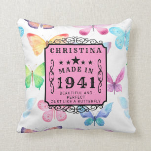 80th Birthday Born 1941 Butterfly Add Your Name Throw Pillow