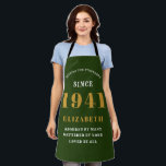 80th Birthday Born 1941 Green Gold Lady's Apron<br><div class="desc">A personalized classic green apron design for that birthday celebration for somebody born in 1941 and turning 80. Add the name to this vintage retro style green, white and gold design for a custom 80 birthday gift. Easily edit the name and year with the template provided. A wonderful custom birthday...</div>