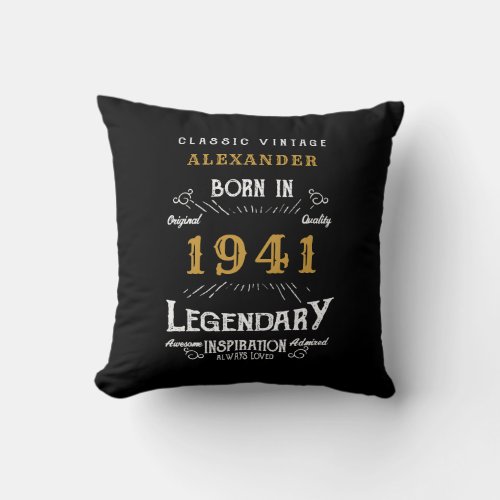 80th Birthday Born 1941 Retro Black Personalized Throw Pillow