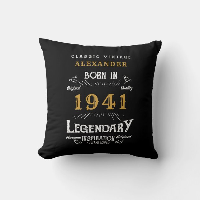 80th Birthday Born 1941 Retro Black Personalized Throw Pillow (Front)