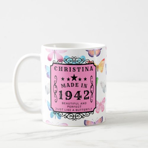 80th Birthday Born 1942 Add Your Name Butterflies Coffee Mug