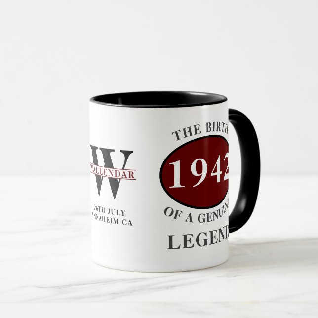 80th Birthday Born 1942 Monogram Black Red Legend Mug (Front Right)