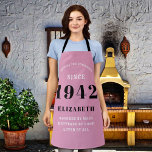 80th Birthday Born 1942 Pink Black Lady's Apron<br><div class="desc">A personalized classic pink apron design for that birthday celebration for somebody born in 1942 and turning 80. Add the name to this vintage retro style pink, white and black design for a custom 80 birthday gift. Easily edit the name and year with the template provided. A wonderful custom birthday...</div>
