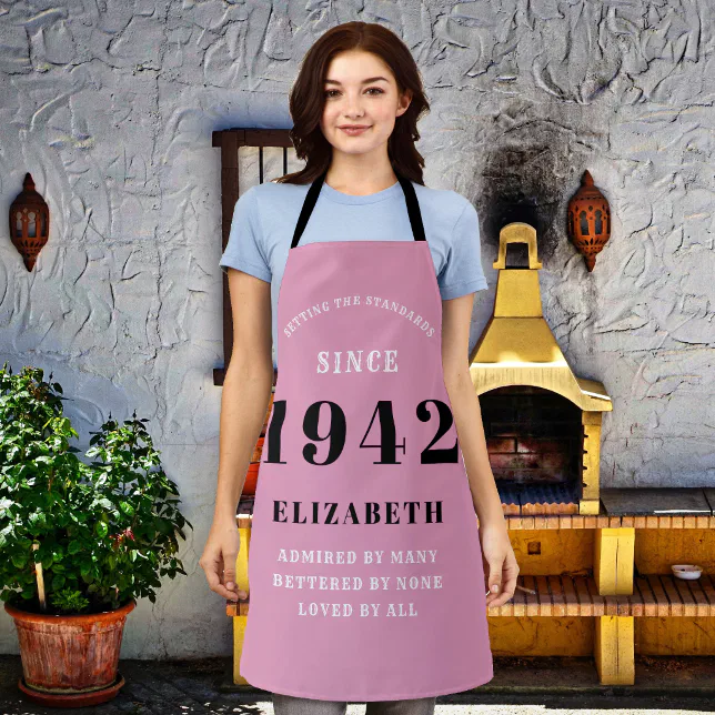 80th Birthday Born 1942 Pink Black Lady's Apron | Zazzle