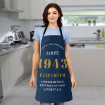 80th Birthday Born 1943 Blue Gold Lady's Apron<br><div class="desc">A personalized classic blue apron design for that birthday celebration for somebody born in 1943 and turning 80. Add the name to this vintage retro style blue, white and gold design for a custom 80 birthday gift. Easily edit the name and year with the template provided. A wonderful custom birthday...</div>
