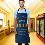 80th Birthday Born 1943 Blue Gold Man's Apron<br><div class="desc">Celebrate a man's 80th birthday in style with this custom-made apron! Featuring shades of blue and gold with the year of his birth, this personalized apron is the perfect gift to commemorate such a milestone. It will be a reminder of a lifetime of special memories and is sure to be...</div>