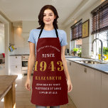 80th Birthday Born 1943 Red Gold Lady's Apron<br><div class="desc">A personalized classic blue apron design for that birthday celebration for somebody born in 1943 and turning 80. Add the name to this vintage retro style blue, white and gold design for a custom 80 birthday gift. Easily edit the name and year with the template provided. A wonderful custom birthday...</div>