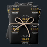 80th Birthday born 1945 Add Name Black Gold Wrapping Paper Sheets<br><div class="desc">A personalized wrapping paper design for that birthday celebration for a special person. Add the name to this vintage retro style black and gold design for a custom birthday gift. Easily edit the name and year with the template provided. A wonderful custom birthday gift. More gifts and party supplies for...</div>