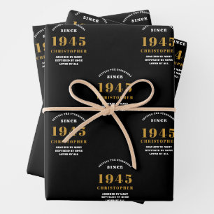 80th Birthday born 1945 Add Name Black Gold Wrapping Paper Sheets
