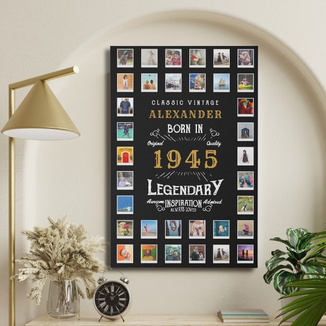 80th Birthday born 1945 Family Photos Collage Faux Canvas Print (Personalized 80th birthday family photo faux canvas template)