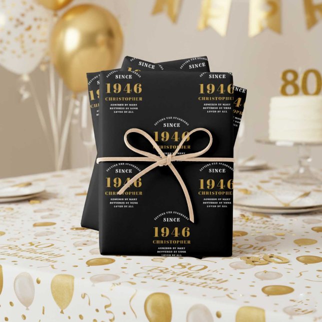 80th Birthday born 1946 Add Name Black Gold Wrapping Paper Sheets (1946 wrapping paper white and gold background)