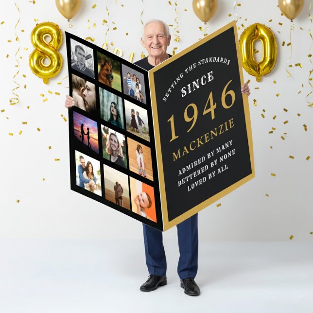 80th Birthday Born 1946 Photo Template Giant Card (1946 Giant card with photos. White and gold background.)