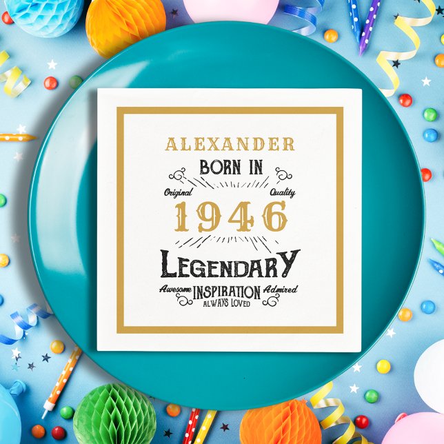 80th Birthday Born 1946 White Gold Legend Napkins (Born 1946 napkin on a blue plate.)