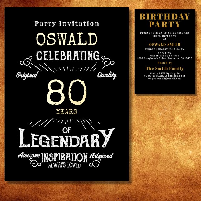 80th Birthday Born Legendary Black Gold Retro Foil Invitation (For those celebrating their 80th birthday we have the ideal gold foil birthday party invitation.)