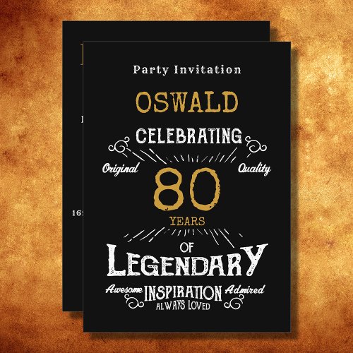 80th Birthday Born Legendary Black Gold Retro Invitation