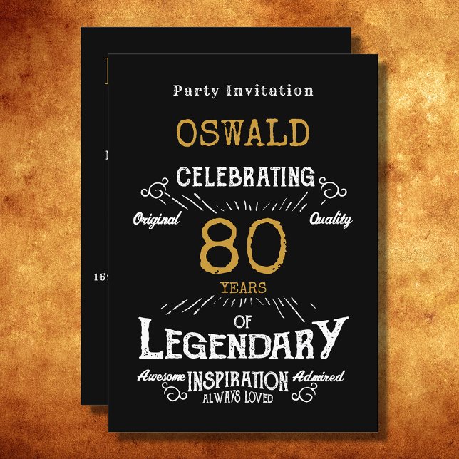 80th Birthday Born Legendary Black Gold Retro Invitation (For those celebrating their 80th birthday we have the ideal birthday party invitation)