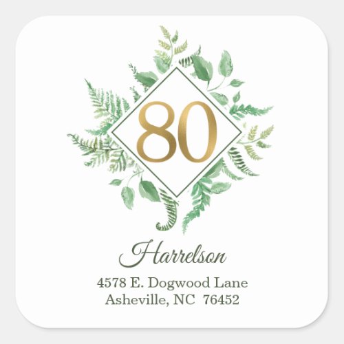 80th Birthday Botanical Return Address Square Sticker