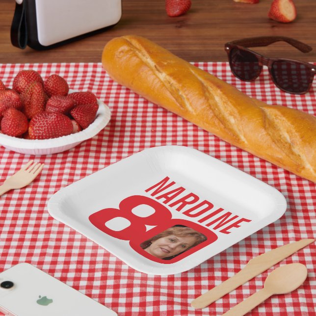 80th birthday bright red white 80 custom photo paper plates (Picnic)