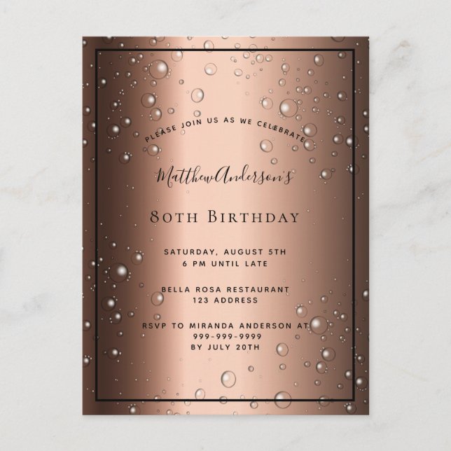 80th Birthday bronze brown black bubble invitation Postcard (Front)