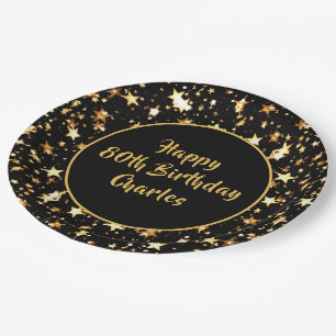 80th Birthday Brush Script Gold Stars Custom Black Paper Plates