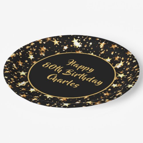 80th Birthday Brush Script Gold Stars Custom Black Paper Plates - Modern black and gold stars design paper plates personalized with your custom text in an editable handwritten brush script (the sample says HAPPY 80TH BIRTHDAY NAME). You can change the black background color or text font style, color, size or placement by clicking CUSTOMIZE FURTHER to modify for any age birthday or other occasion. Contact the designer via Zazzle Chat or makeitaboutyoustore@gmail.com if you'd like this design modified or on another product.