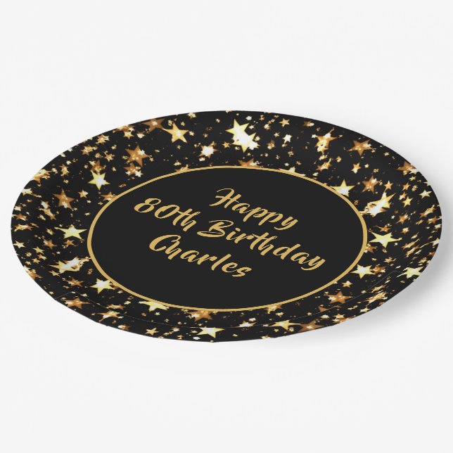 80th Birthday Brush Script Gold Stars Custom Black Paper Plates (Angled)