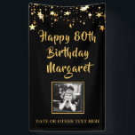 80th Birthday Brush Script Gold Stars Photo Black Banner<br><div class="desc">Celebrate the 80-year-old (or any age) with this black and gold star themed banner with your custom birthday message in a modern, brush script font and personalized with their photo. The sample title says HAPPY 80TH BIRTHDAY NAME but all text is editable to change to any age birthday or other...</div>
