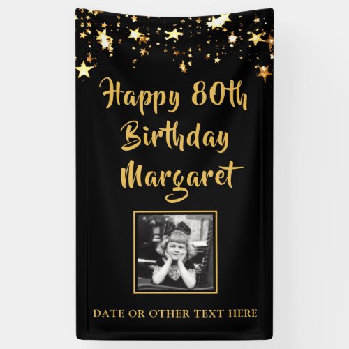 80th Birthday Brush Script Gold Stars Photo Black Banner