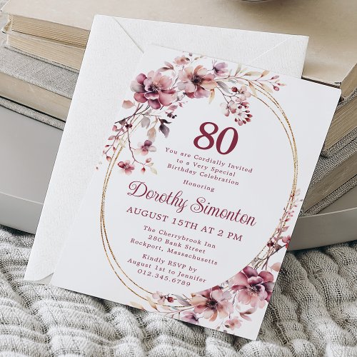 80th Birthday Burgundy Blush Pink Wildflower Invitation