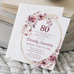 80th Birthday Burgundy Blush Pink Wildflower Invitation<br><div class="desc">Soft burgundy and pink wildflowers create a beautiful floral design on this elegant 80th birthday invitation. The pink flowers are nestled in soft neutral leaves. They decorate a chic multi-strand gold frame. 80 is written in a large burgundy red color. The text is an upright traditional font. The birthday celebrant's...</div>