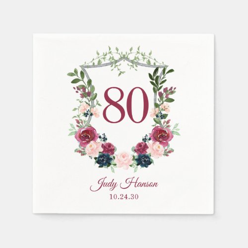 80th Birthday Burgundy Floral Crest Napkins