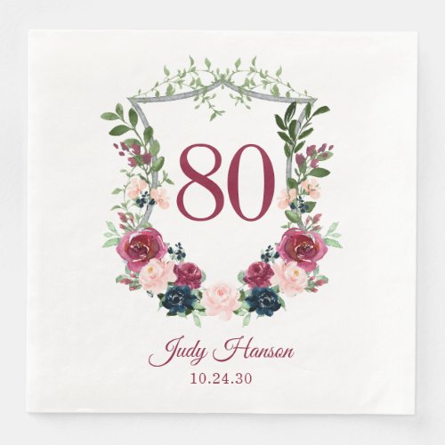 80th Birthday Burgundy Floral Crest Paper Dinner Napkins