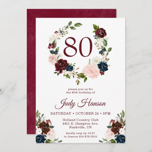 80th Birthday Burgundy Floral Invitation