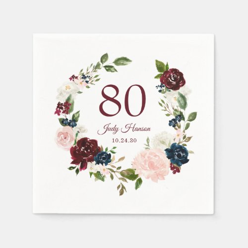 80th Birthday Burgundy Floral Napkins
