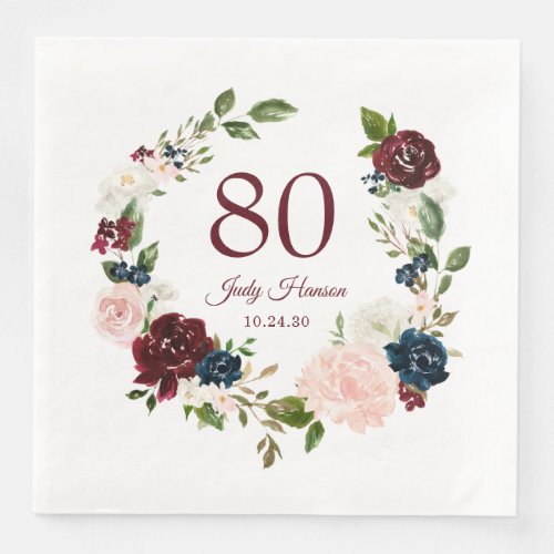 80th Birthday Burgundy Floral Paper Dinner Napkins