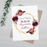 80th birthday burgundy floral white Save the Date Postcard<br><div class="desc">A Save the date card for a 80th birthday party. On front: Trendy bohemian boho style. Decorated with watercolored roses in burgundy and pink. Elegant white background. A faux gold geometric frame and templates for a name, date and age. Burgundy colored letters. The name and the text: Save the Date...</div>