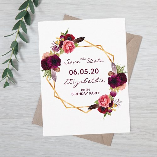 80th birthday burgundy floral white Save the Date Postcard