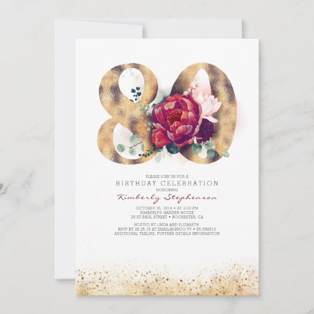 80th Birthday Burgundy Gold Floral Invitation (Front)