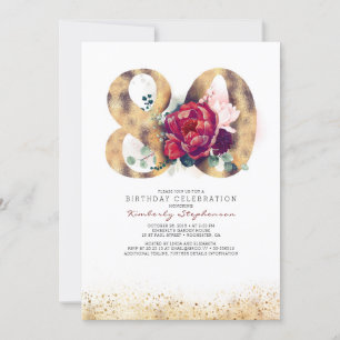80th Birthday Burgundy Gold Floral Invitation