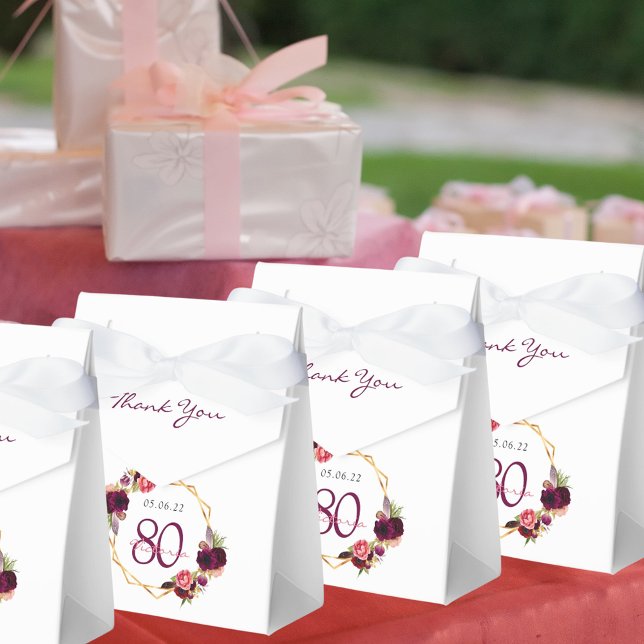 80th Birthday burgundy gold geometric floral white Favor Boxes (Creator Uploaded)