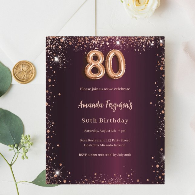80th birthday burgundy gold invitation (Creator Uploaded)