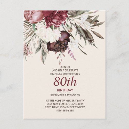 80th Birthday Burgundy Ivory Floral Cream Postcard