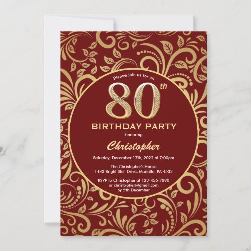 80th Birthday Burgundy Red and Gold Floral Pattern Invitation