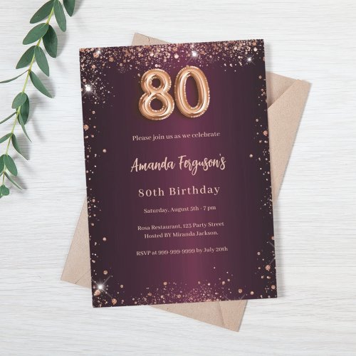 80th birthday burgundy rose gold glitter invitation